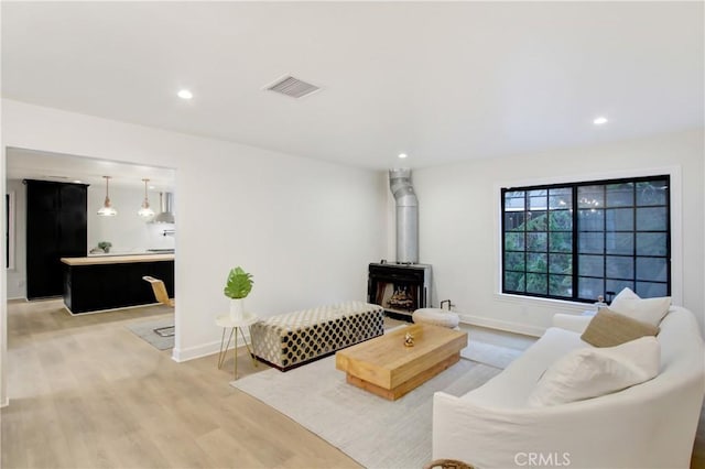 living room featuring light hardwood / wood-style flooring and a wood stove