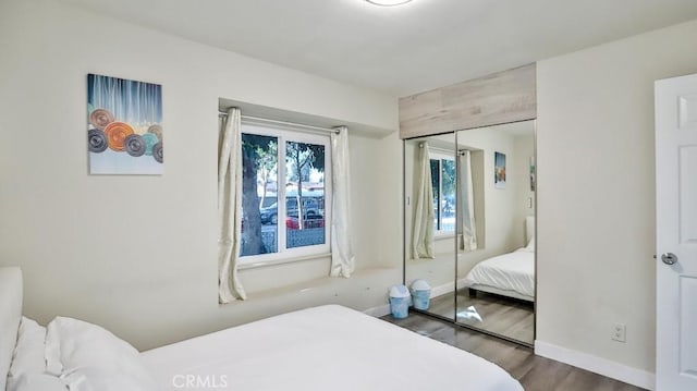 bedroom featuring hardwood / wood-style floors and a closet