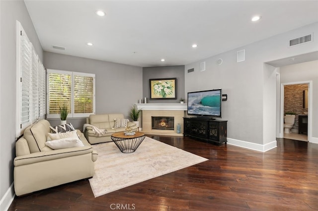 living room featuring dark wood-type flooring