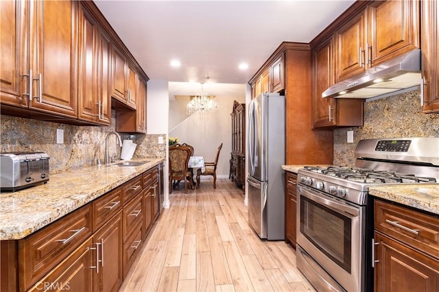 kitchen with an inviting chandelier, appliances with stainless steel finishes, a sink, light wood-type flooring, and under cabinet range hood