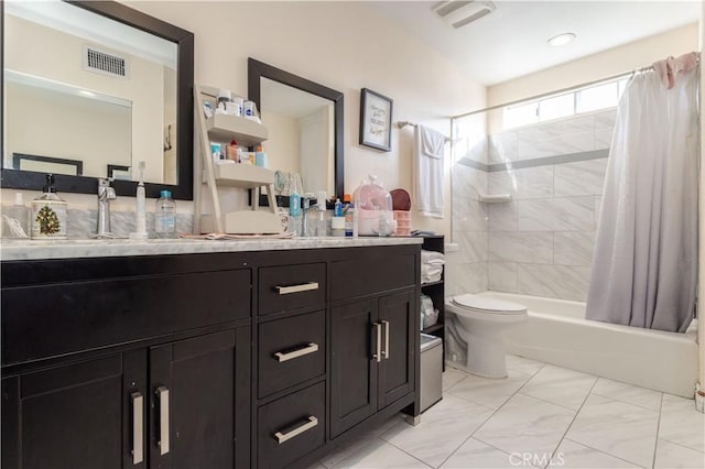 full bathroom with toilet, shower / tub combo, visible vents, and vanity