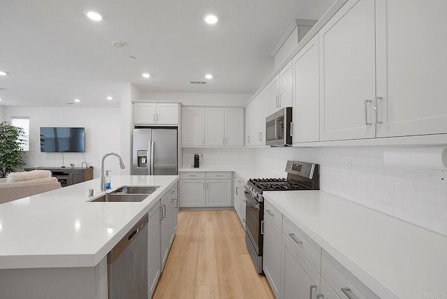 kitchen featuring sink, appliances with stainless steel finishes, white cabinetry, light hardwood / wood-style floors, and an island with sink