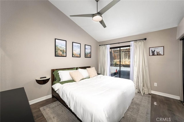 bedroom featuring lofted ceiling, dark wood-type flooring, access to exterior, and ceiling fan