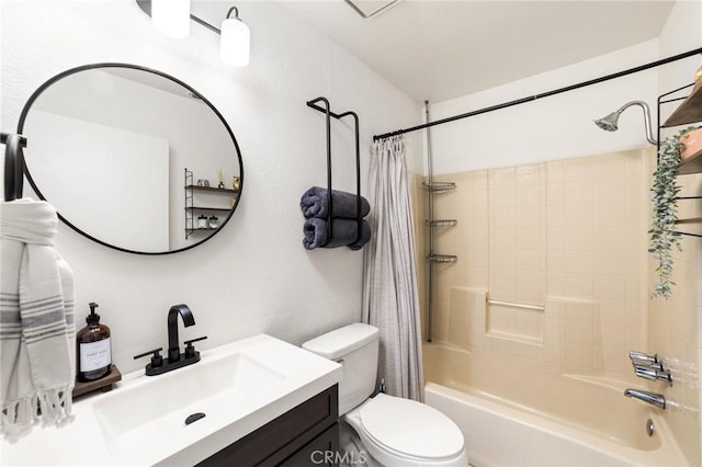 full bathroom featuring toilet, vanity, and shower / bathtub combination with curtain