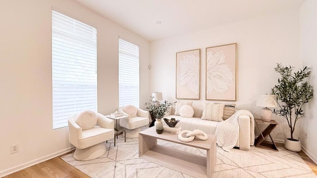 living area with plenty of natural light and light hardwood / wood-style floors