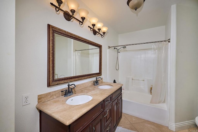 bathroom with tile patterned floors, shower / bathtub combination with curtain, and vanity