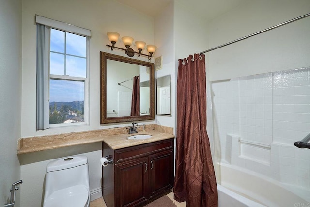 full bathroom featuring vanity, shower / bath combination with curtain, and toilet