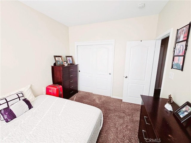 bedroom featuring dark carpet and a closet