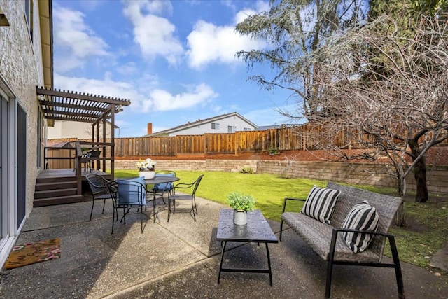 view of patio / terrace with an outdoor hangout area and a pergola