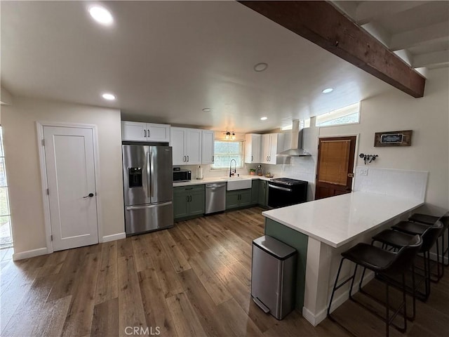 kitchen with stainless steel appliances, white cabinets, decorative backsplash, kitchen peninsula, and wall chimney exhaust hood