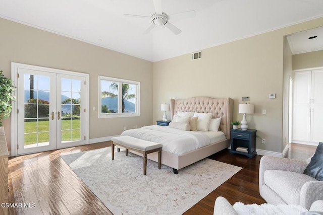 bedroom with french doors, crown molding, access to outside, dark hardwood / wood-style floors, and ceiling fan