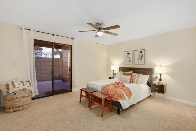 bedroom with ceiling fan, access to exterior, and carpet floors