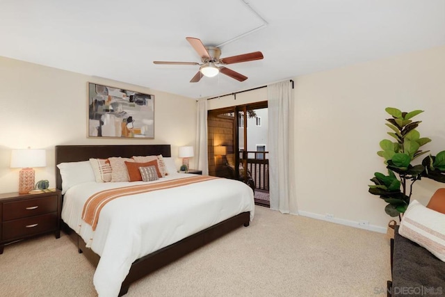 bedroom featuring ceiling fan, light colored carpet, and access to outside