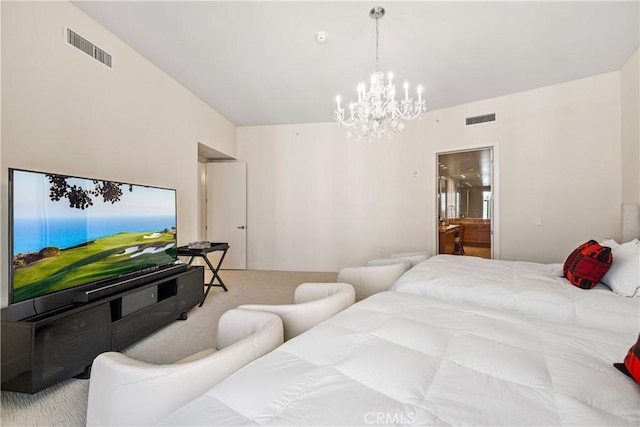 bedroom with carpet floors and a notable chandelier