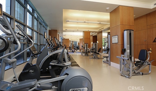 workout area featuring wooden walls