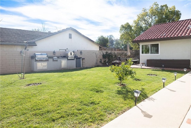 view of yard with exterior kitchen and a patio