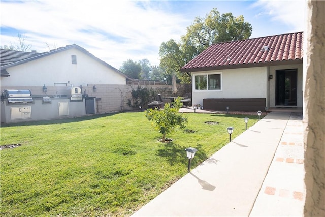 view of yard featuring a patio and an outdoor kitchen