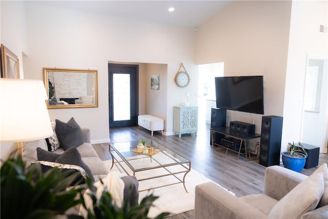 living room with hardwood / wood-style flooring and a towering ceiling