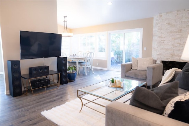 living room with wood-type flooring and a stone fireplace