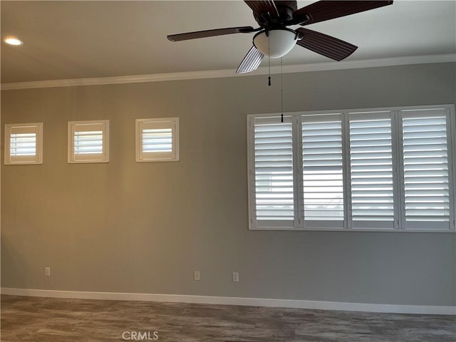 spare room featuring baseboards, ceiling fan, recessed lighting, and crown molding