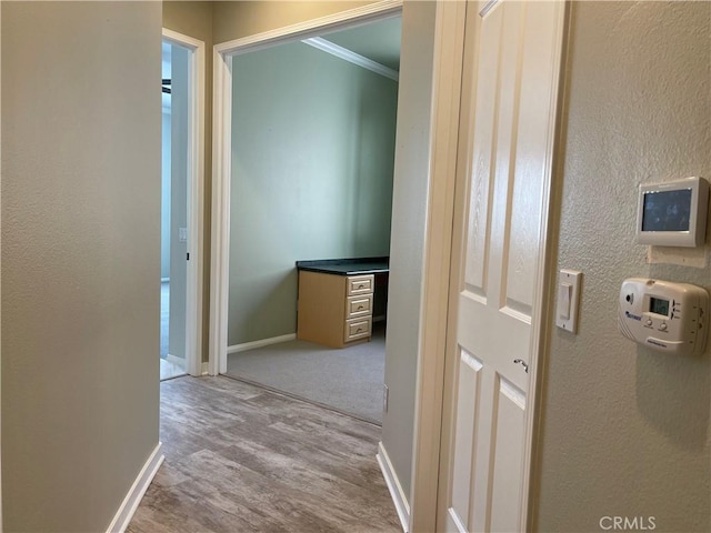 hallway featuring light carpet, baseboards, and crown molding