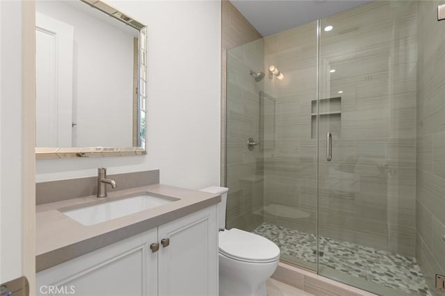 bathroom with vanity, an enclosed shower, and toilet