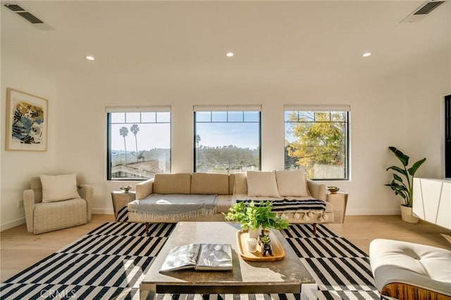 living room with plenty of natural light and light hardwood / wood-style flooring