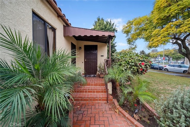 view of exterior entry featuring a yard