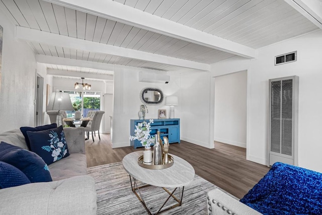 living room with beamed ceiling, wood-type flooring, a wall mounted AC, a notable chandelier, and wood ceiling