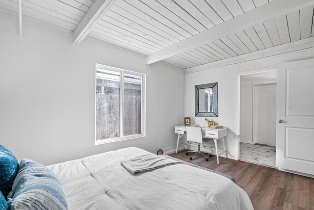 bedroom featuring dark wood-type flooring, wood ceiling, and beam ceiling