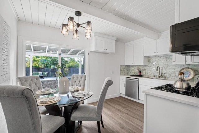 kitchen featuring pendant lighting, sink, dishwasher, backsplash, and white cabinets