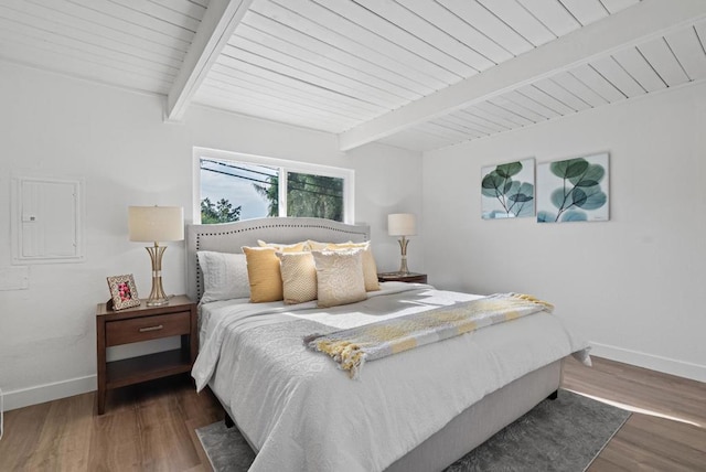 bedroom featuring dark hardwood / wood-style flooring, electric panel, and beamed ceiling