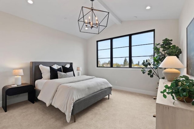 bedroom with an inviting chandelier, lofted ceiling with beams, and light colored carpet