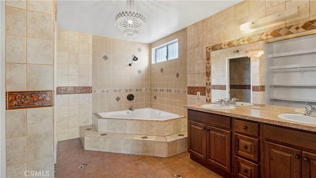 full bath with tile walls, tiled bath, a tile shower, a sink, and tile patterned floors