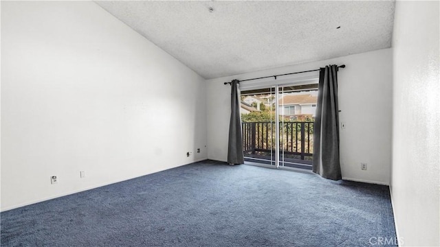 empty room with lofted ceiling, a textured ceiling, and carpet flooring