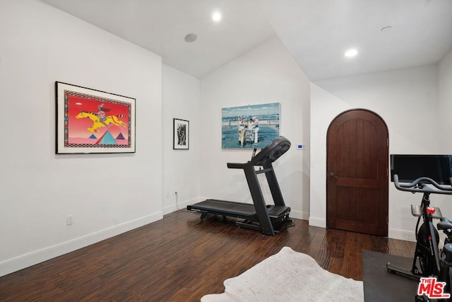 workout room featuring lofted ceiling and dark hardwood / wood-style flooring