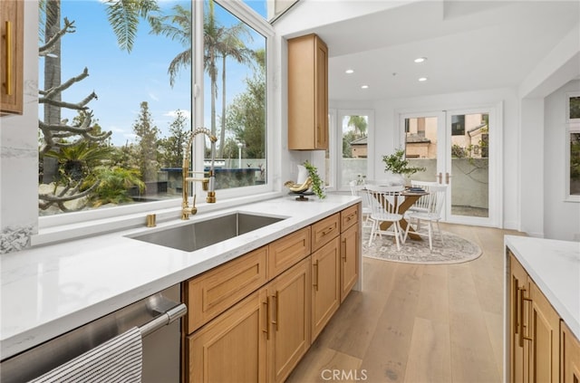 kitchen featuring stainless steel dishwasher, a sink, light wood-style flooring, and recessed lighting