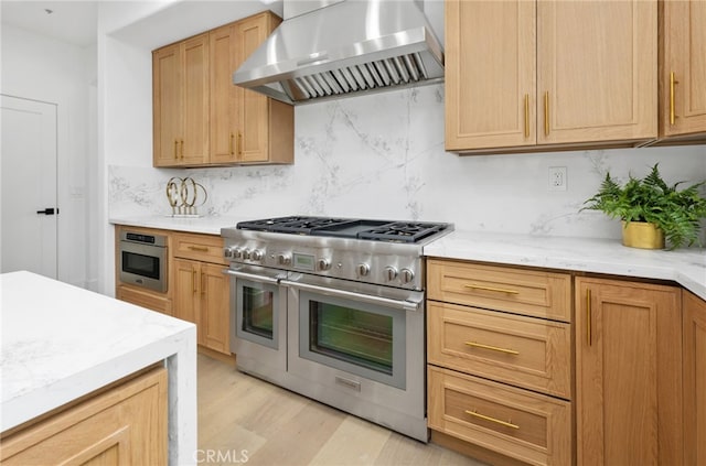 kitchen featuring wall chimney range hood, light wood-type flooring, appliances with stainless steel finishes, and tasteful backsplash