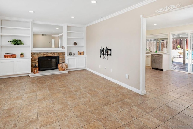 unfurnished living room with crown molding, a fireplace, built in features, and light tile patterned floors