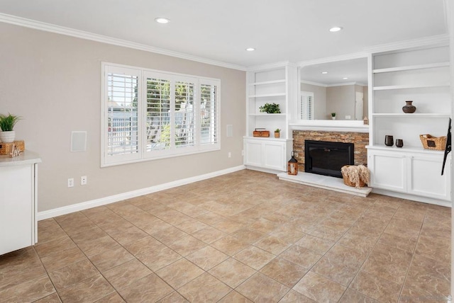 unfurnished living room featuring light tile patterned floors, crown molding, a fireplace, and built in shelves