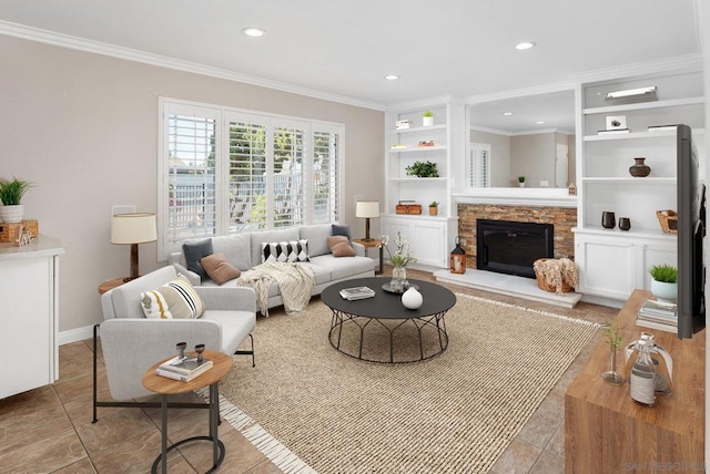 living room featuring crown molding, a fireplace, built in shelves, and light tile patterned floors