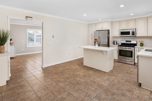 kitchen featuring light tile patterned floors, backsplash, stainless steel appliances, ornamental molding, and a kitchen island