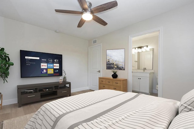 bedroom featuring ensuite bathroom, ceiling fan, and light hardwood / wood-style floors