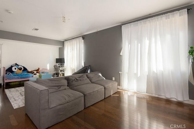 living room with dark hardwood / wood-style flooring