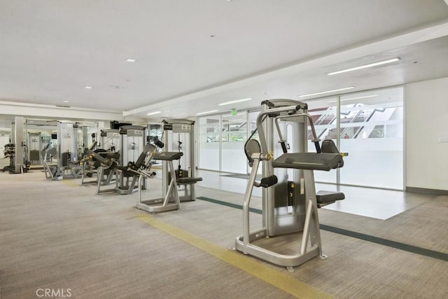 workout area featuring light carpet