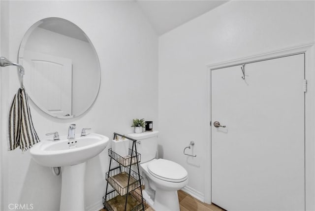 bathroom with hardwood / wood-style flooring and toilet