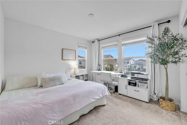 bedroom featuring light carpet