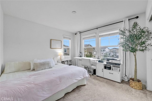 bedroom featuring light carpet