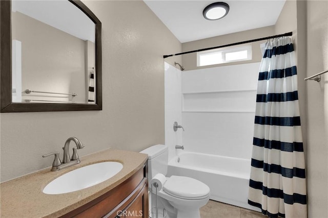 full bathroom with tile patterned flooring, vanity, shower / tub combo, and toilet