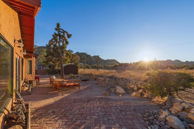 view of patio featuring a mountain view